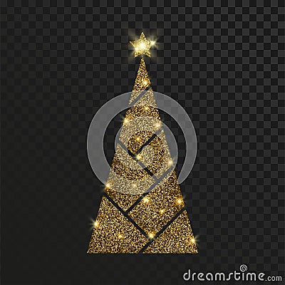 Christmas tree made by gold glitter at transparent background. Xmas pine tree made of golden bright particles. Vector Vector Illustration